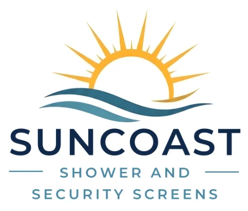 Suncoast Shower and Security Screens logo — a gold sunrise above teal coastal waves
